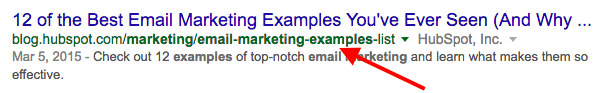 W poniższym przykładzie utworzyliśmy adres URL za pomocą słowa kluczowego long-tail, które próbowaliśmy określić jako „przykłady marketingu e-mailowego”